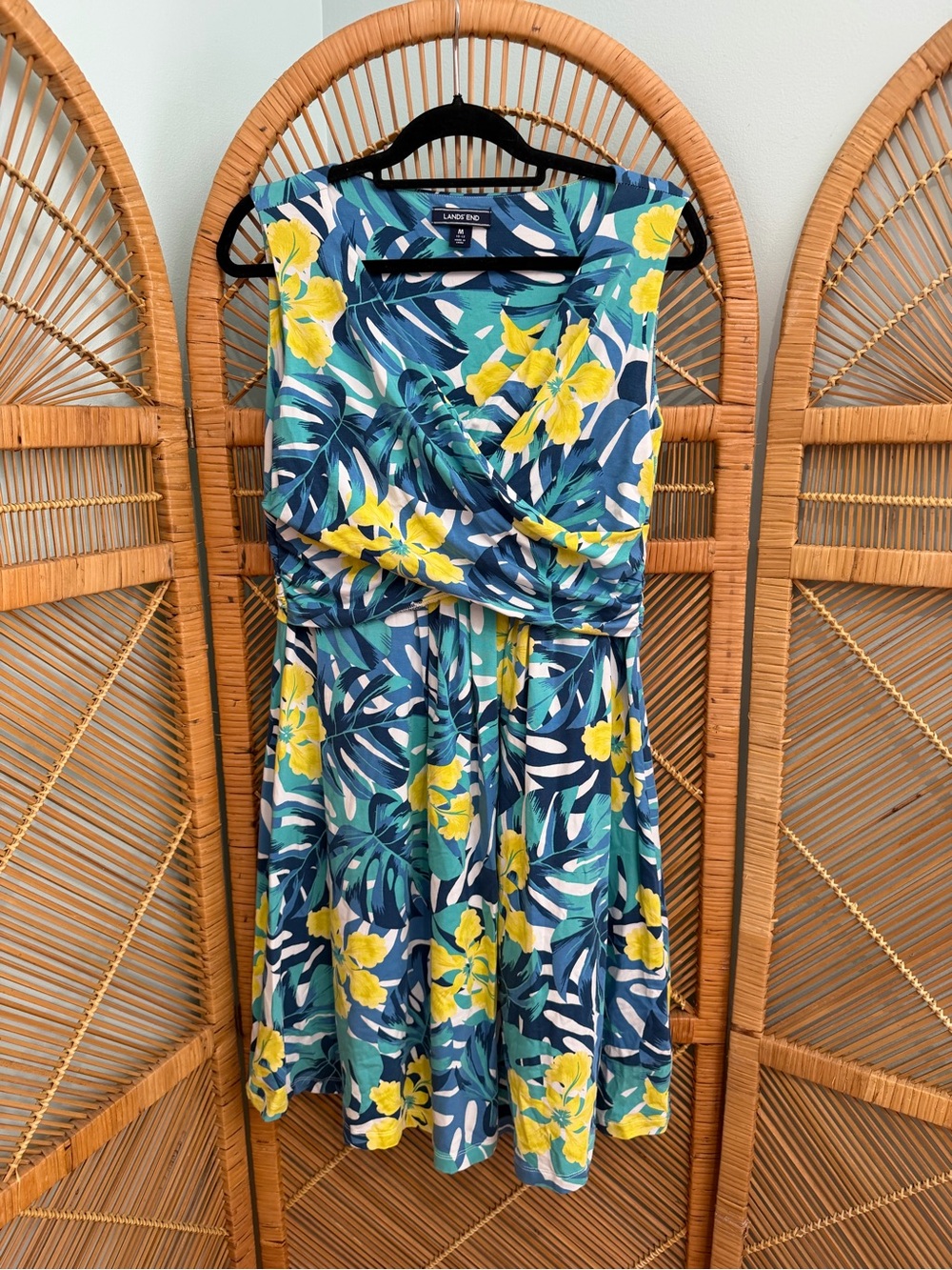 Lands' End Sleeveless Tropical Floral Wrap Dress in Blue and Yellow, Size M/L